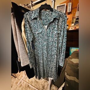 Ellen Tracy Blue and White Patterned button up dress